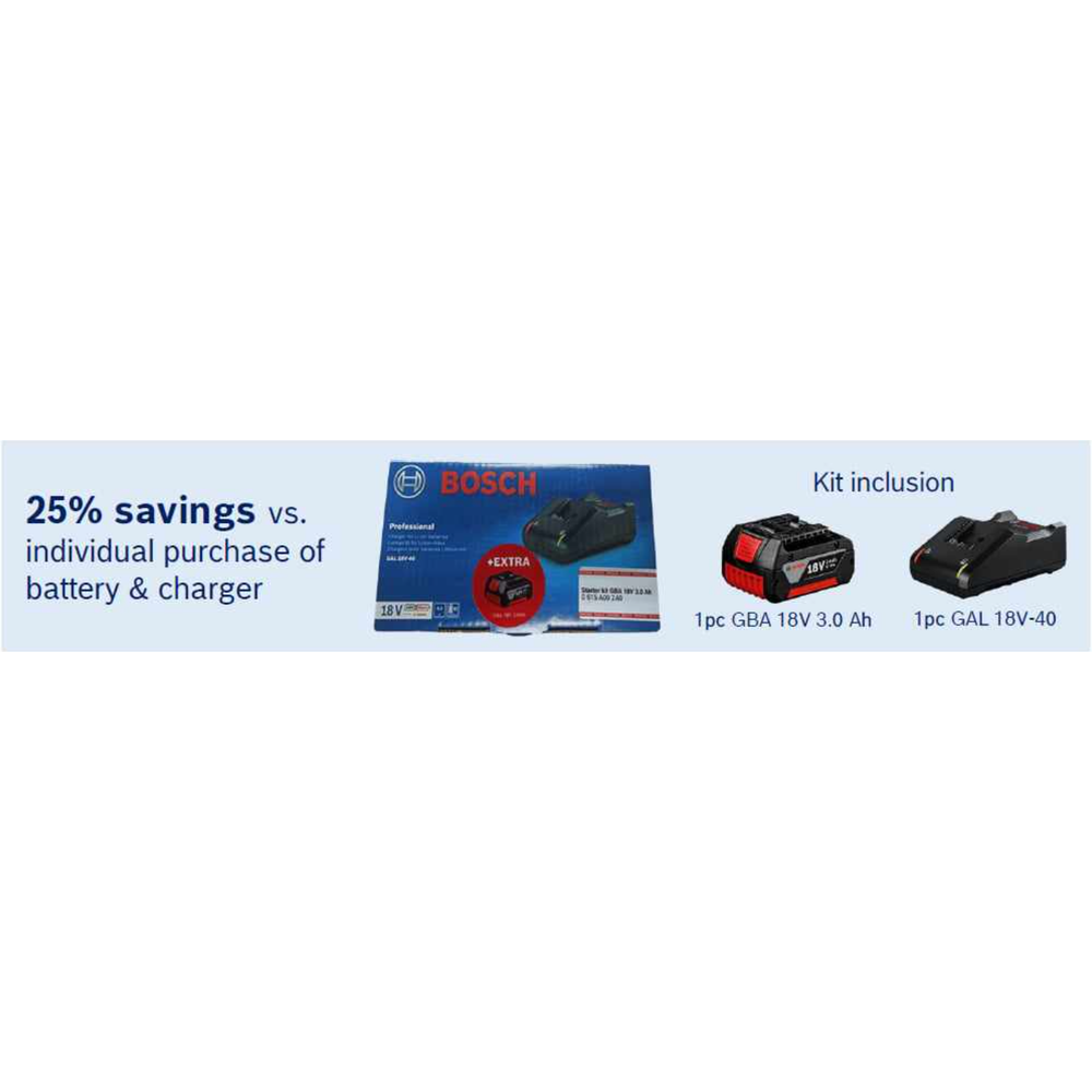 Bosch Starter Kit 18V 3.0Ah Battery GAL 18V-40 Fast Charger | Bosch by KHM Megatools Corp. Bosch Starter Kit 18V 3.0Ah Battery GAL 18V-40 Fast Charger | Bosch by KHM Megatools Corp.